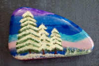 Hand Painted on Natural Stone Winter Snow and Trees with stand