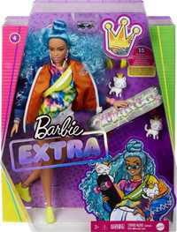 Barbie Extra #4 Tie-Dye, Blue hair, Skate Board, 2 Kittens!