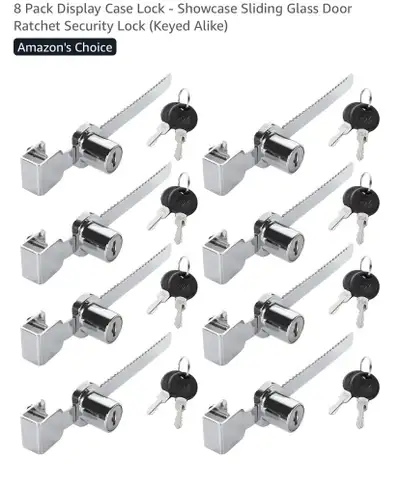 A new 8-pack of display case locks designed for showcase sliding glass doors, featuring a ratchet se...