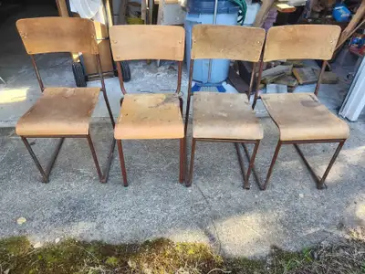 4 vintage wood seat chairs school, View more