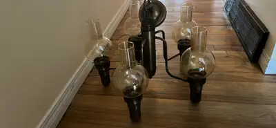 Brass and wood vintage chandelier, View more