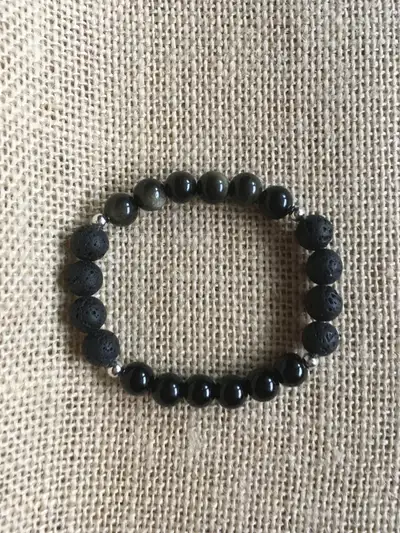 Silver Sheen Obsidian & Black Lava Rock Bracelet, View more