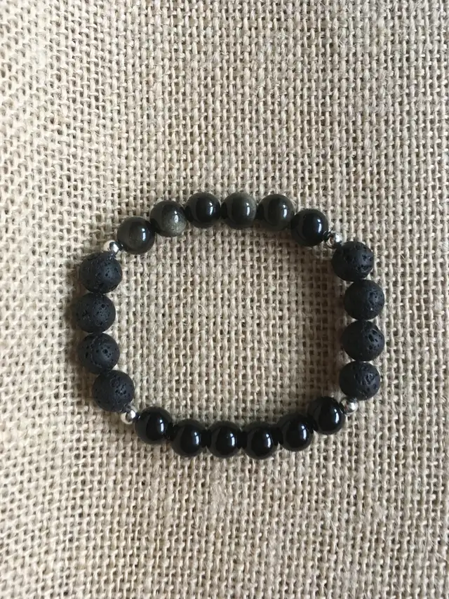 Silver Sheen Obsidian & Black Lava Rock Bracelet
