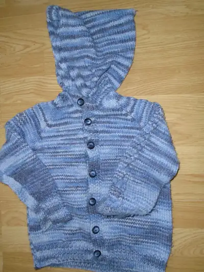 Hooded Baby Sweater size 4 Variegated Blues $25. - Hand Knit From smoke free, cat free home