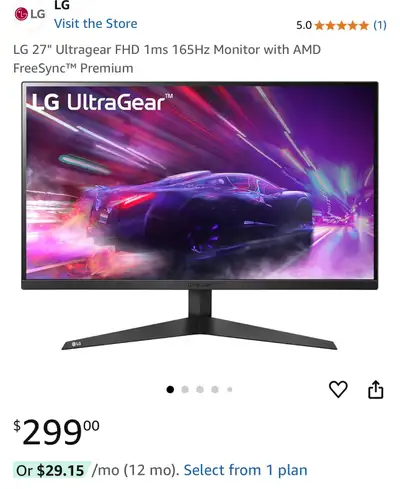 LG 27" Ultragear FHD 1ms 165Hz Monitor with AMDFreeSync™ Premium, View more