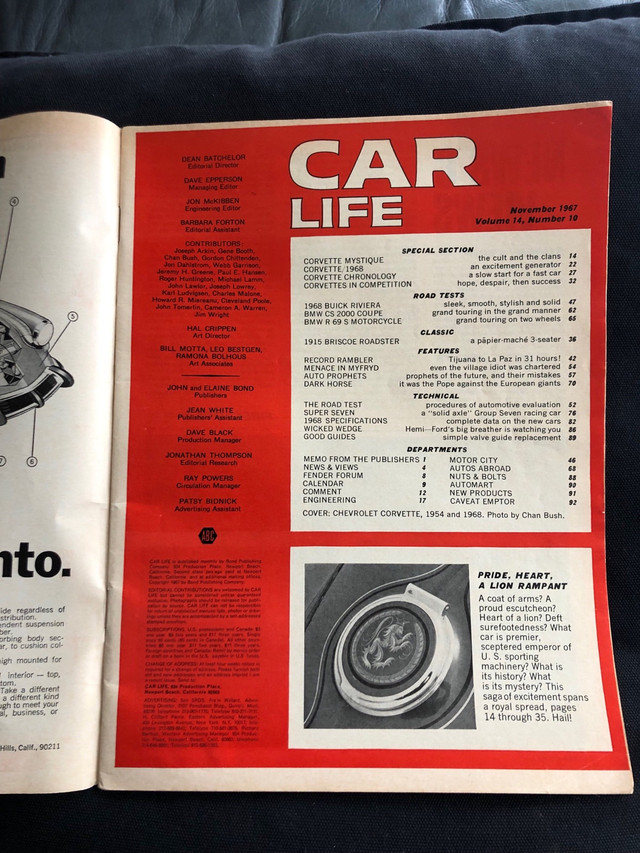 Vintage automobile magazine. CAR LIFE November 1967. Corvette! in Magazines in Hamilton - Image 3