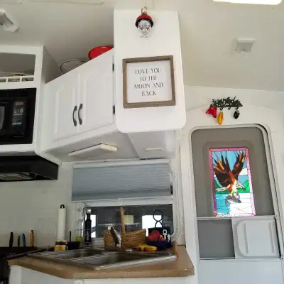 Inside renovation with vinyl flooring, IKEA furnishings; white, light and bright; off-road capabilit...