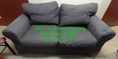 Divan 2 places en tissus jeans (dimensions sur la photo)