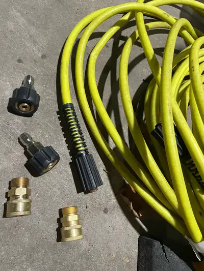 used pressure washer hose with new connector/adapters. Hose is as is because there are a few kinks t...