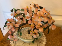 Vtg Jade Agate Glass Pink Cherry Blossom Bonsai Tree Celadon Pot