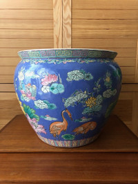 XXL Vintage Chinese Porcelain Koi Pot Rich Blue Pond Planter
