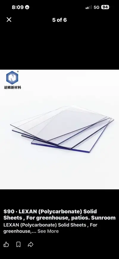 LEXAN (Polycarbonate) Solid Sheets – 4 ft × 8 ft • 3mm 8feet Solid — $90 each • 4mm 8feet Solid — $1...