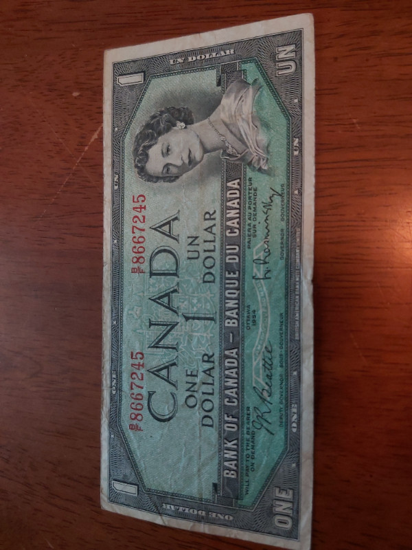 B of C 1954 $1 Bill Devils Face Beattie-Raminsky B/F 8667245 in Arts & Collectibles in Saint John - Image 3
