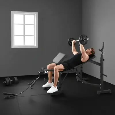 Weight Bench Stand with Squat Rack, Adjustable Olympic Bench, Multifunctional Arm Curl Pad, Leg Exte...