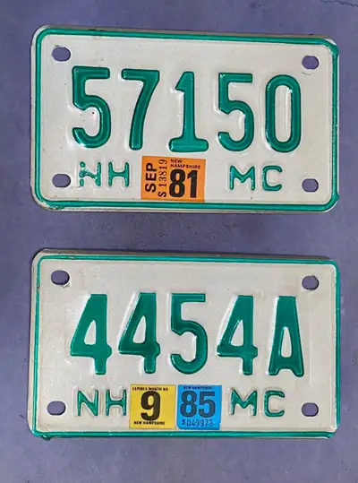 Two vintage motorcycle license plates from New Hampshire in the early 1980s. Nearly 50 y old now and...