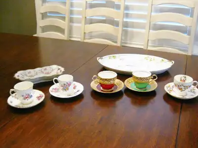 I have Various Vintage Bone China Demitasse (= Small sized) Tea Cup and Saucer Sets by such makers a...