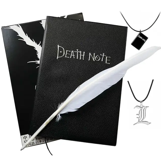 NEW 4 PCS Set Death Note Book Journal, Feather Pen, L Necklace