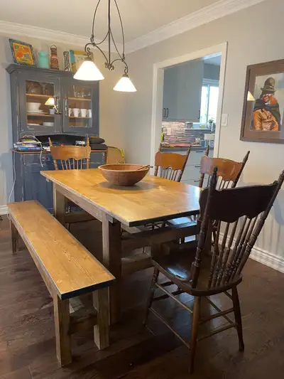 Reclaimed wooden dintable with matching bench, View more