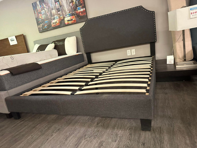 Dark Grey Linen Upholstered Platform Bed with Nailhead Trim in Beds & Mattresses in Kamloops - Image 3