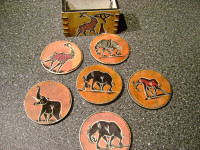 Hand crafted leather animal motif 6 pc coasters set.