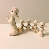 Vintage Poodle Dog Family 4 Pups On Chains Figurine Missing Hair