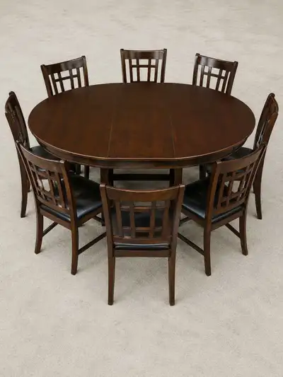 Expandable table set with 7 high chairs. , View more