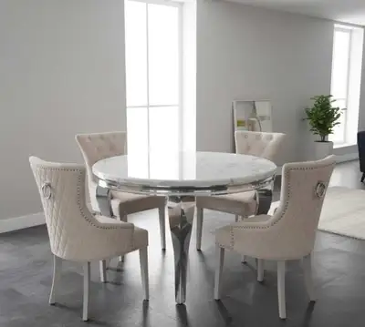 Round Marble Dining Set with Quilted Chairs – Modern 4 Seater, View more