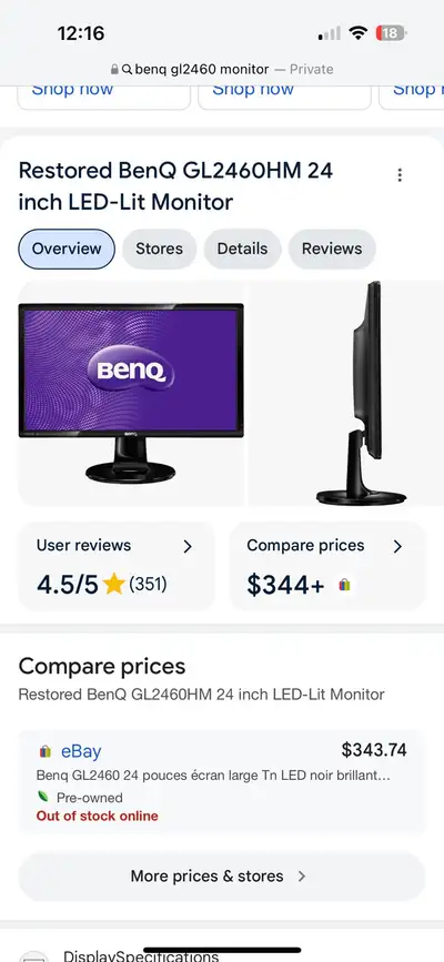 BenQ GL2460 Monitor 24”, View more