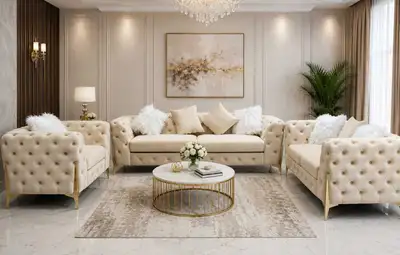 Cream Velvet Tufted Living Room Sofa Set, View more