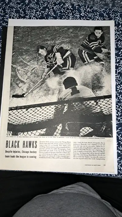 1946 Life magazine clippings of Bill Mosienko and the Chicago Black Hawks in 1946. Bill Mosienko hol...