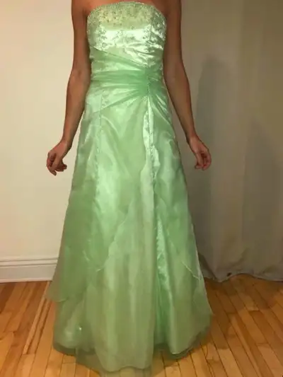 Jolie robe de bal vert menthe de type bustier (pas de bretelles), de Aviena Designs. Taille 6-8. En...