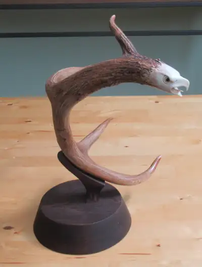 Russ Hill Whitetail Deer Antler Carving of Eagle in Flight, View more