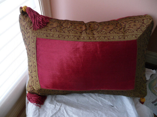 Velour Gold Red Brocade Cushion Accent Throw Pillow with Tassels in Other in Saskatoon