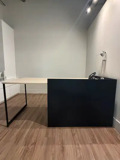 Modern Office Desk with Black Panel and Drawers, View more