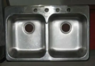 Double stainless steel sink Standard size 8" deep 4 holes Nice condition, no dents