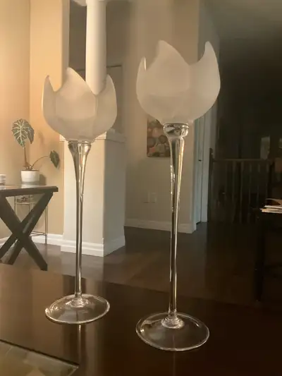 Perfect condition. Long stem, frosted tulip design from PartyLite. H - 18 1/2” and 17 1/2”, W - 5”....