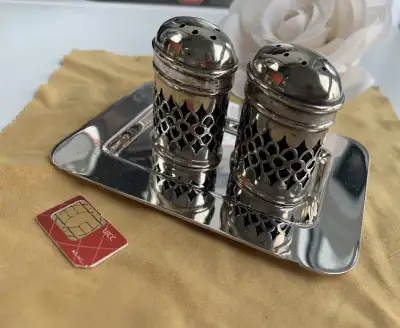 Vintage cobalt blue glass,silver plated salt and pepper shakers, View more