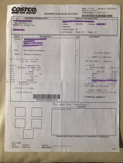 Bridgestone Blizzak 245/40R18 Driven for only 323km Purchased on Dec 13/24 at $1,630.65 (please see...