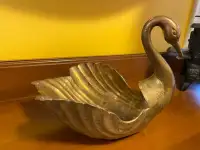 Vintage MCM Brass Swan Bowl Planter Hollywood Regency