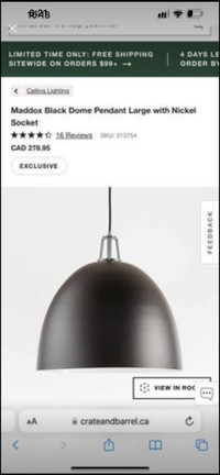 CRATE & BARREL MADDOX BLACK DOME PENDANT LIGHT LARGE WITH NICKEL