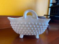 Vintage Fenton Art Milk Glass Hobnail Handled Footed Basket Bowl