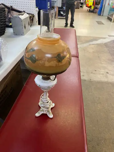 Antique  Porcelain Oil Lamp Converted to Electric Signed 20”, View more