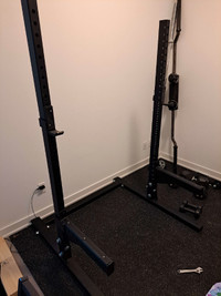 Squat rack + safeties and 350 pounds of weights with a stand