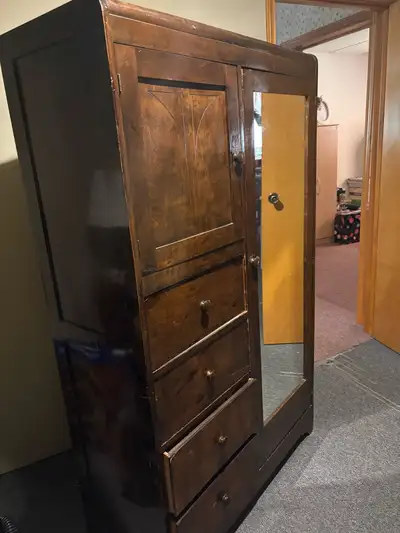 Vintage Wooden Armoire with Mirror 65”x40”x17”, View more