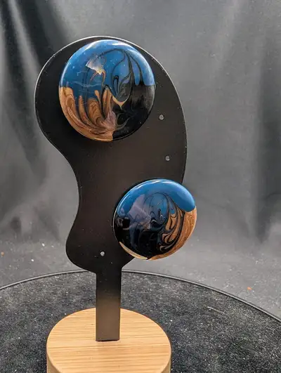 Vintage Blue Enamel Circular Earrings with Gold and Black Accent, View more
