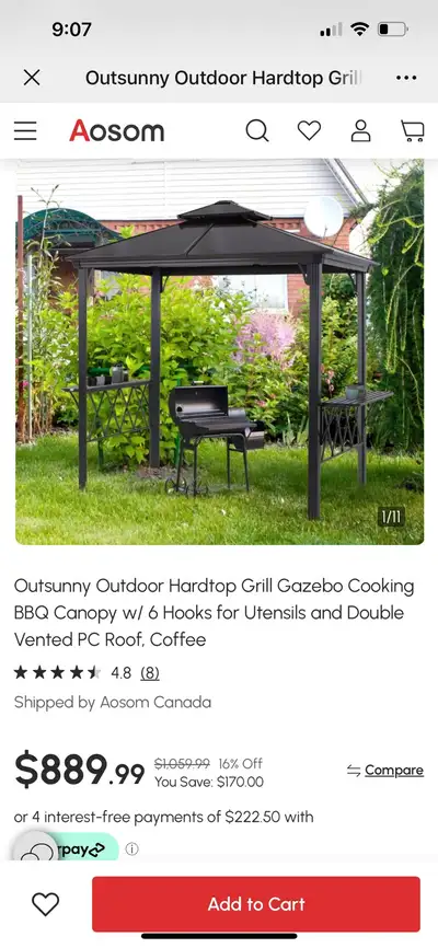 Outdoor Hardtop Grill Gazebo Cooking BBQ Canopy w/ 6 Hooks for U, View more