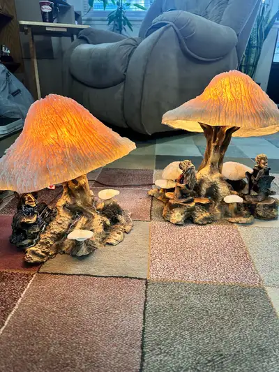 Illuminate your space with this whimsical used mushroom lamps, featuring charming gnome accents and...