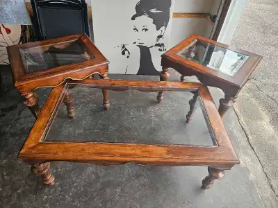 Coffee table wood glass 3 pieces, View more