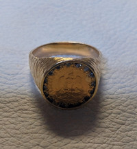 99.9 GOLD MEXICAN PESO PINKY RING W/ DIAMONDS SET IN 10 K GOLD