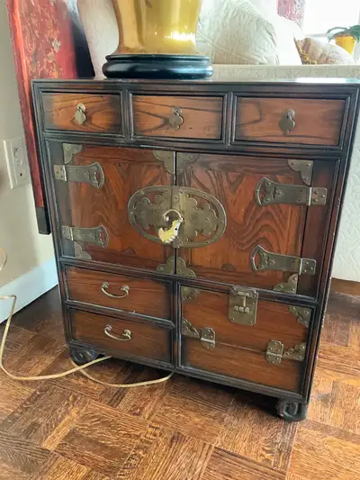 Measures approx 19 “ w x 10” D x 22” H. Bought some 40 plus years ago. The top needs some brown poli...